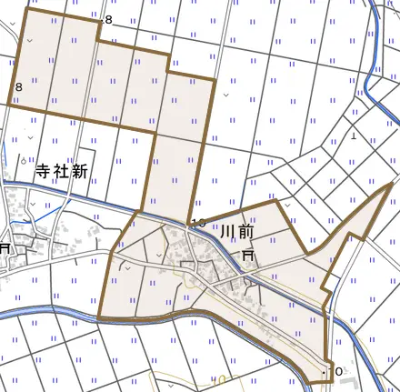 川前とその周辺の地図。町の範囲を重ねている