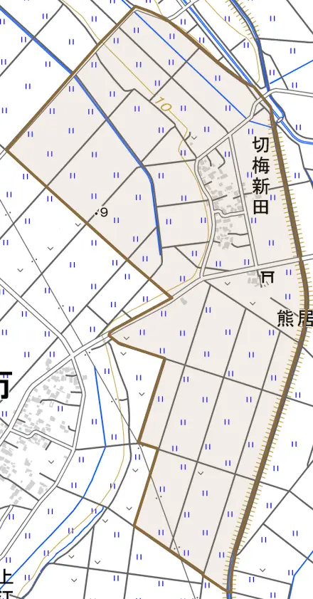切梅新田とその周辺の地図。町の範囲を重ねている