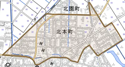 北本町とその周辺の地図。町の範囲を重ねている