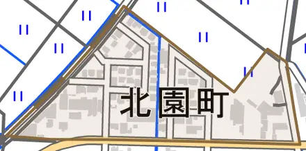 北園町とその周辺の地図。町の範囲を重ねている