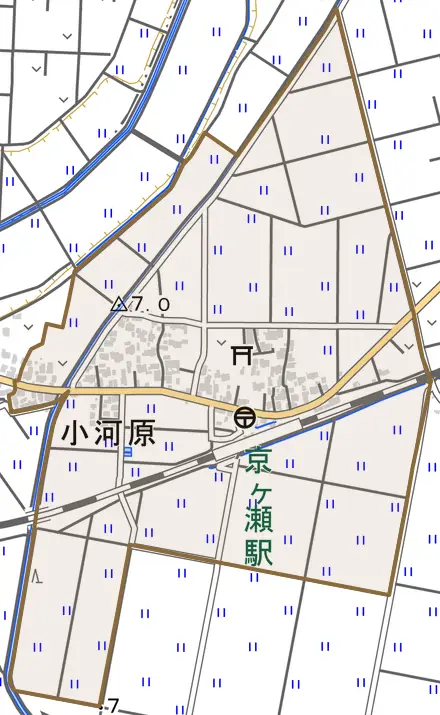 小河原とその周辺の地図。町の範囲を重ねている