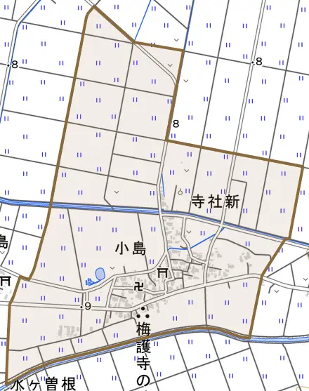 小島とその周辺の地図。町の範囲を重ねている