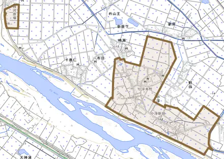 小浮とその周辺の地図。町の範囲を重ねている