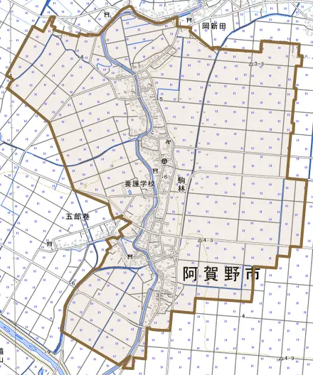 駒林とその周辺の地図。町の範囲を重ねている