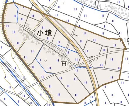 小境とその周辺の地図。町の範囲を重ねている