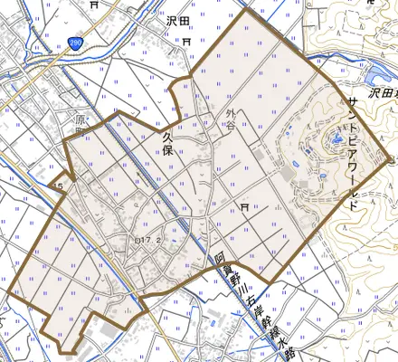 久保とその周辺の地図。町の範囲を重ねている