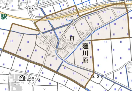 窪川原とその周辺の地図。町の範囲を重ねている