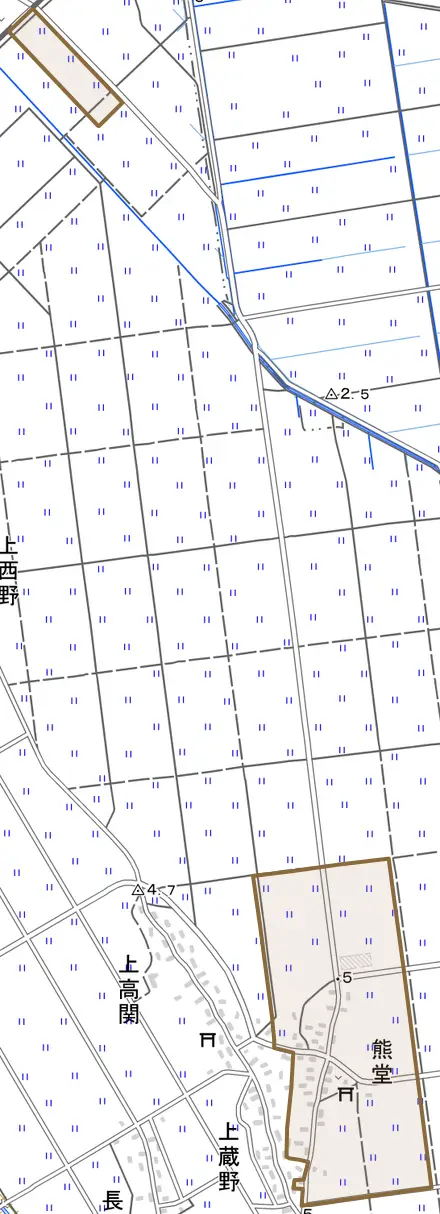 熊堂とその周辺の地図。町の範囲を重ねている