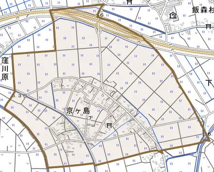 京ヶ島とその周辺の地図。町の範囲を重ねている
