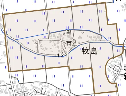牧島とその周辺の地図。町の範囲を重ねている