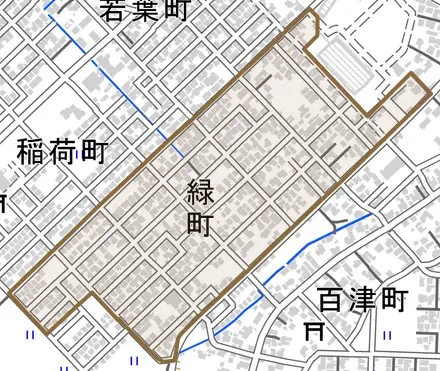 緑町とその周辺の地図。町の範囲を重ねている
