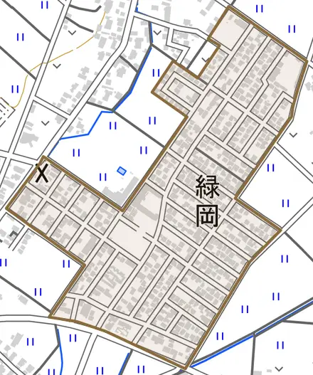 緑岡とその周辺の地図。町の範囲を重ねている