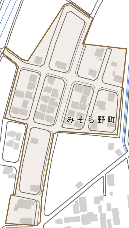 みそら野町とその周辺の地図。町の範囲を重ねている