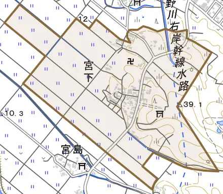 宮下とその周辺の地図。町の範囲を重ねている