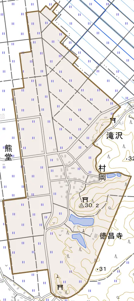 村岡とその周辺の地図。町の範囲を重ねている