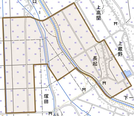 長起とその周辺の地図。町の範囲を重ねている