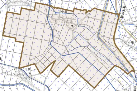中潟とその周辺の地図。町の範囲を重ねている