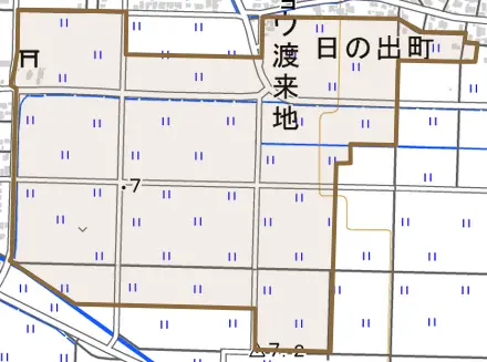 中島とその周辺の地図。町の範囲を重ねている