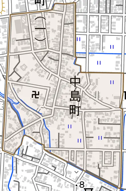中島町とその周辺の地図。町の範囲を重ねている