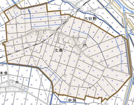 七島とその周辺の地図。町の範囲を重ねている
