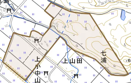 七浦とその周辺の地図。町の範囲を重ねている