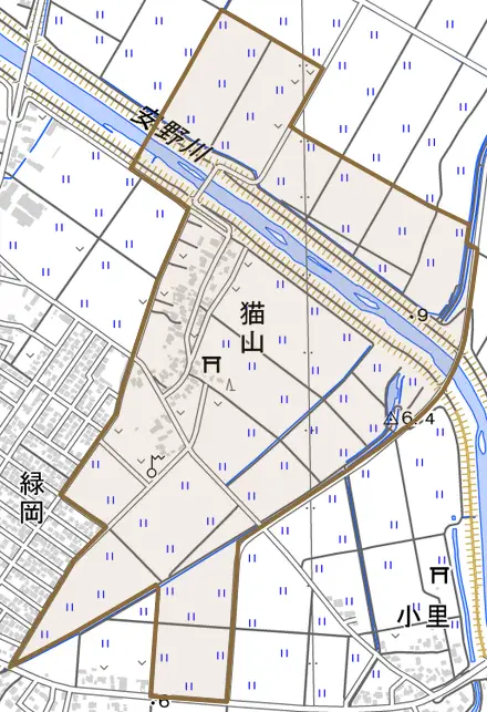 猫山とその周辺の地図。町の範囲を重ねている