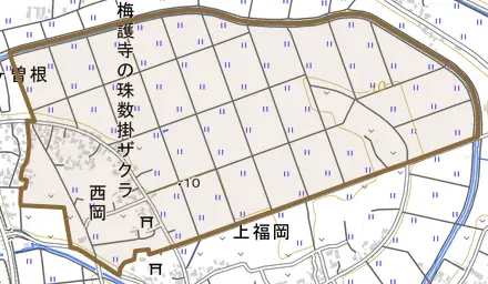 西岡とその周辺の地図。町の範囲を重ねている