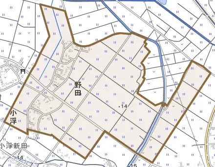 野田とその周辺の地図。町の範囲を重ねている