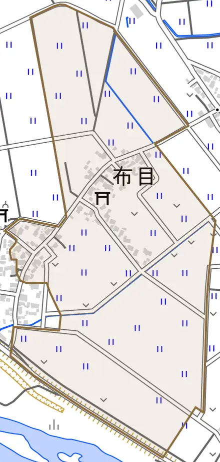 布目とその周辺の地図。町の範囲を重ねている