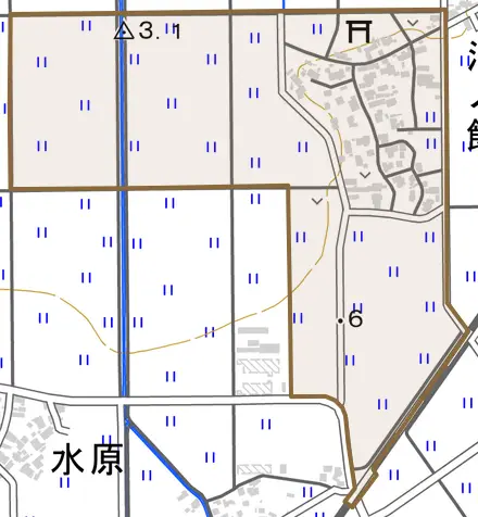 沖ノ館とその周辺の地図。町の範囲を重ねている
