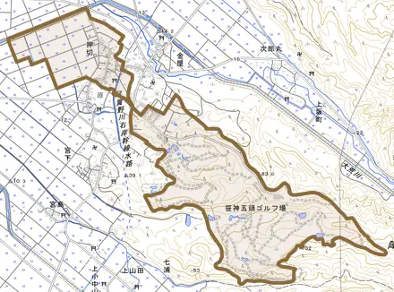 押切とその周辺の地図。町の範囲を重ねている