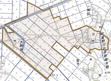 大野地とその周辺の地図。町の範囲を重ねている