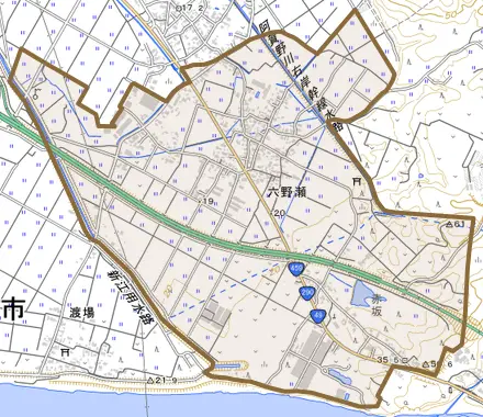 六野瀬とその周辺の地図。町の範囲を重ねている