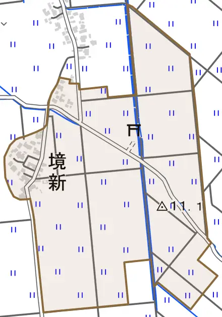 境新とその周辺の地図。町の範囲を重ねている