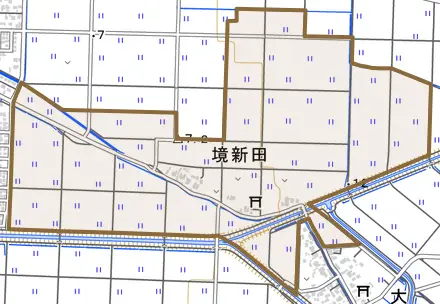 境新田とその周辺の地図。町の範囲を重ねている