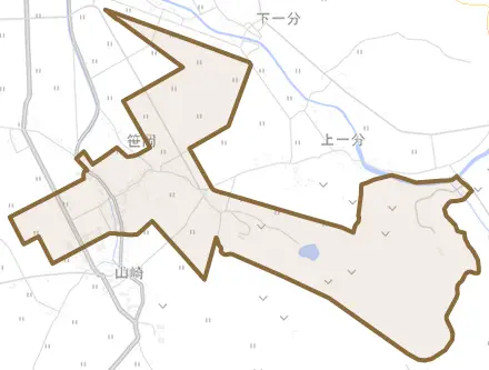 笹岡とその周辺の地図。町の範囲を重ねている