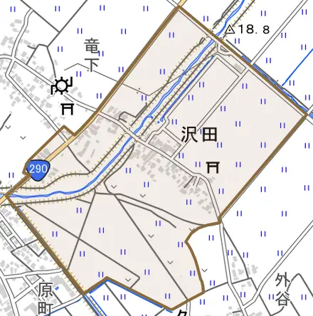 沢田とその周辺の地図。町の範囲を重ねている