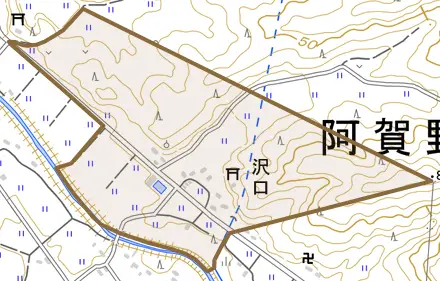 沢口とその周辺の地図。町の範囲を重ねている