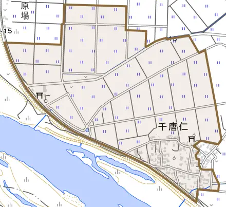 千唐仁とその周辺の地図。町の範囲を重ねている