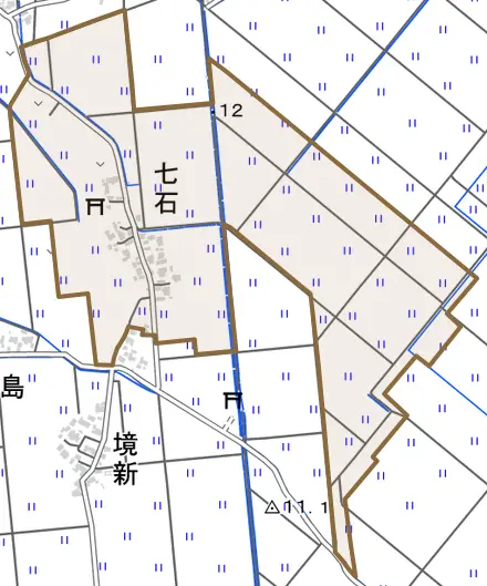 七石とその周辺の地図。町の範囲を重ねている