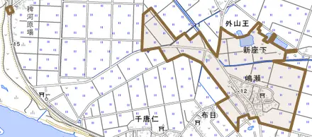 嶋瀬とその周辺の地図。町の範囲を重ねている