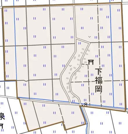 下福岡とその周辺の地図。町の範囲を重ねている