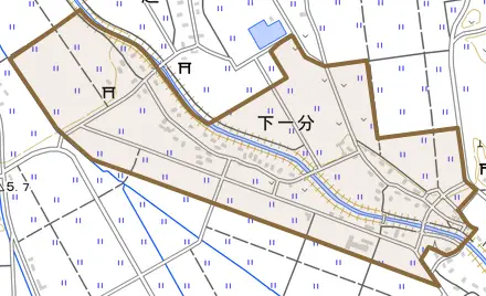 下一分とその周辺の地図。町の範囲を重ねている