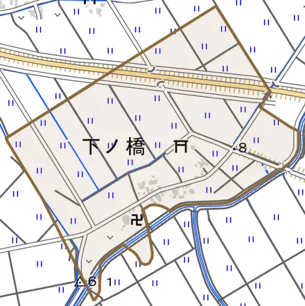 下ノ橋とその周辺の地図。町の範囲を重ねている