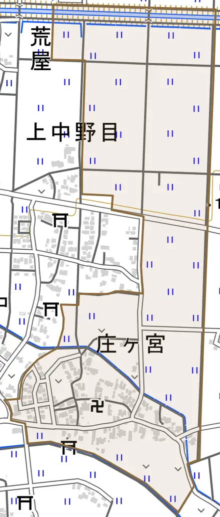 庄ケ宮とその周辺の地図。町の範囲を重ねている