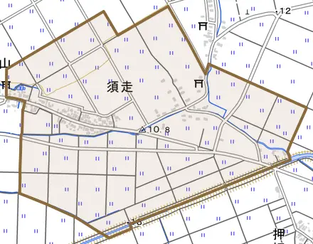 須走とその周辺の地図。町の範囲を重ねている