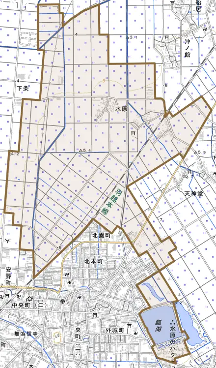 水原とその周辺の地図。町の範囲を重ねている