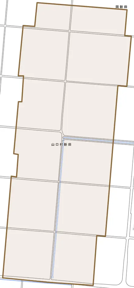 山口村新田とその周辺の地図。町の範囲を重ねている