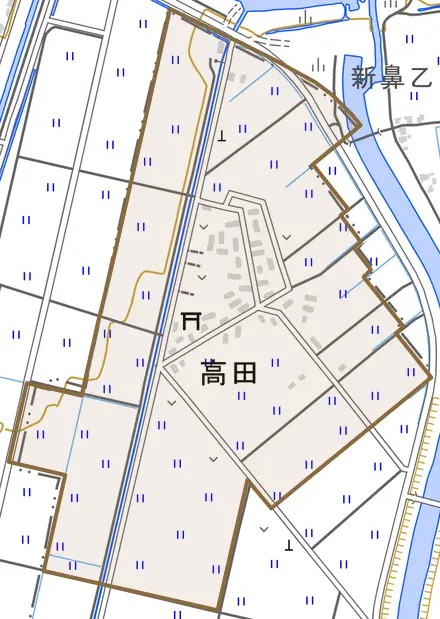 高田とその周辺の地図。町の範囲を重ねている