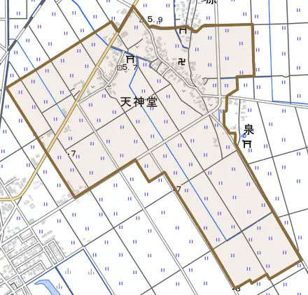 天神堂とその周辺の地図。町の範囲を重ねている